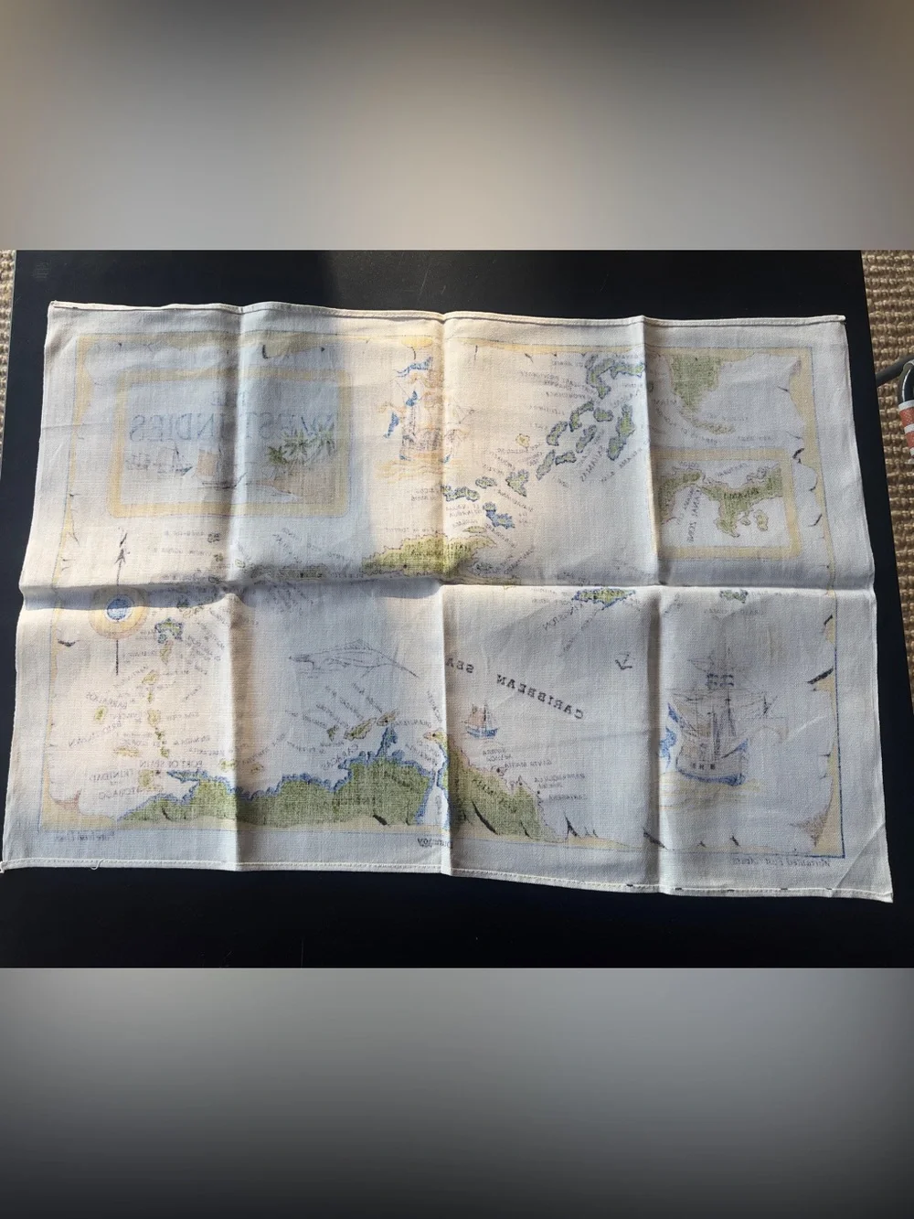 Vintage Dunmoy West Indies Caribbean Map Pure Irish Linen Tea Towel Nautical
